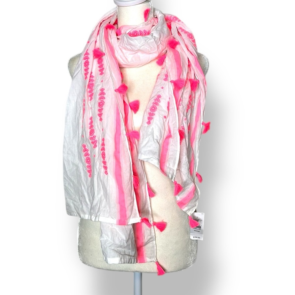LOFT The Long Scarf Pink Tassel Embroidered Summer Scarf NWT